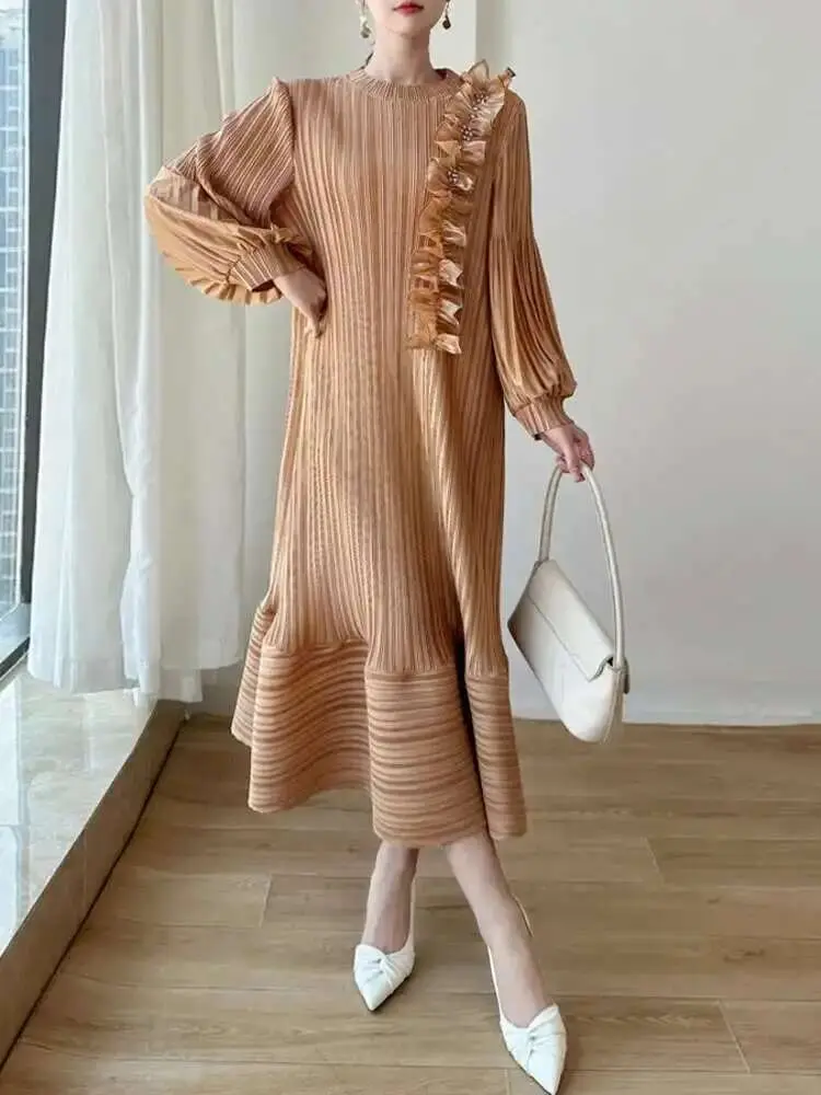 LANMREM Pleated Three-dimensional Embroidered Luxury Dress Lantern Sleeves Ruffle Party Dresses Female Elegant 2025 New 2DB2235