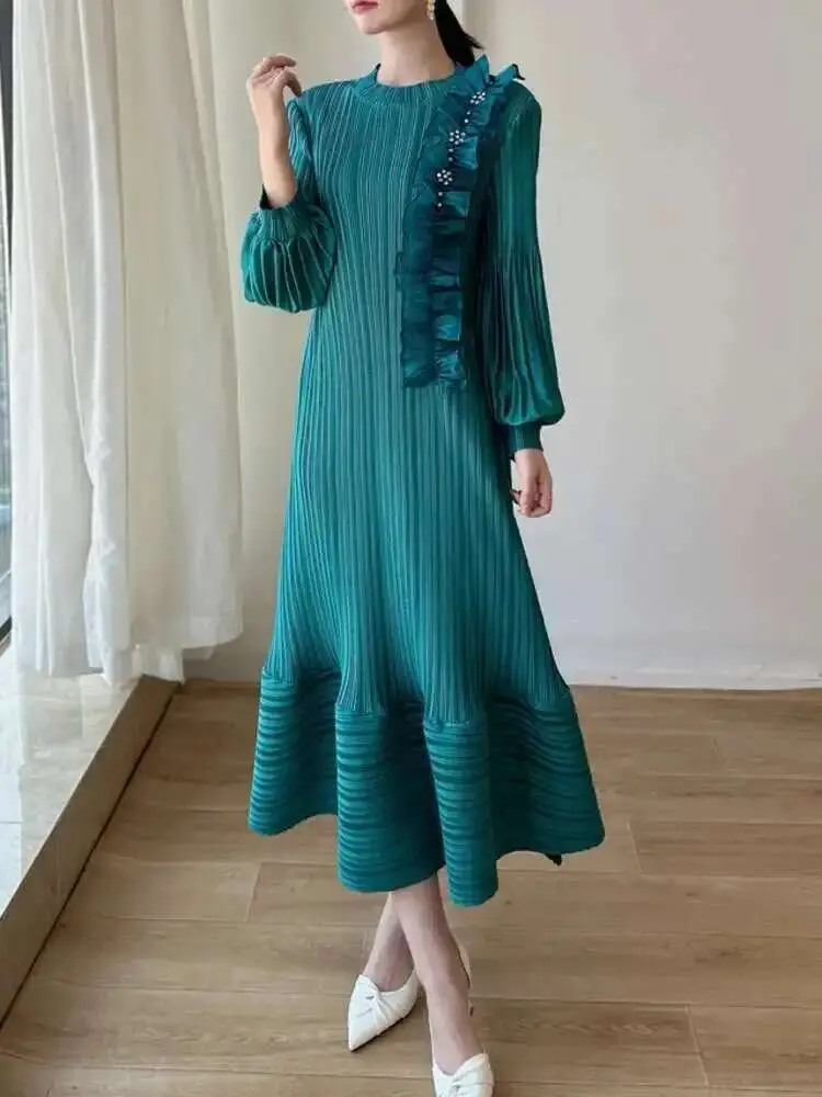 LANMREM Pleated Three-dimensional Embroidered Luxury Dress Lantern Sleeves Ruffle Party Dresses Female Elegant 2025 New 2DB2235