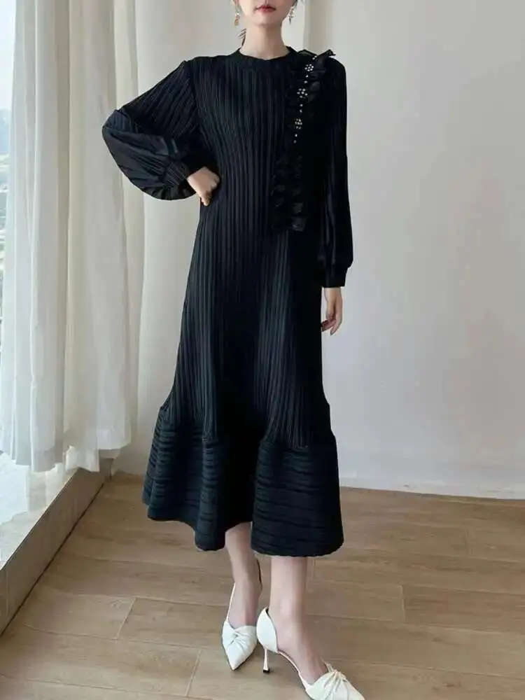 LANMREM Pleated Three-dimensional Embroidered Luxury Dress Lantern Sleeves Ruffle Party Dresses Female Elegant 2025 New 2DB2235
