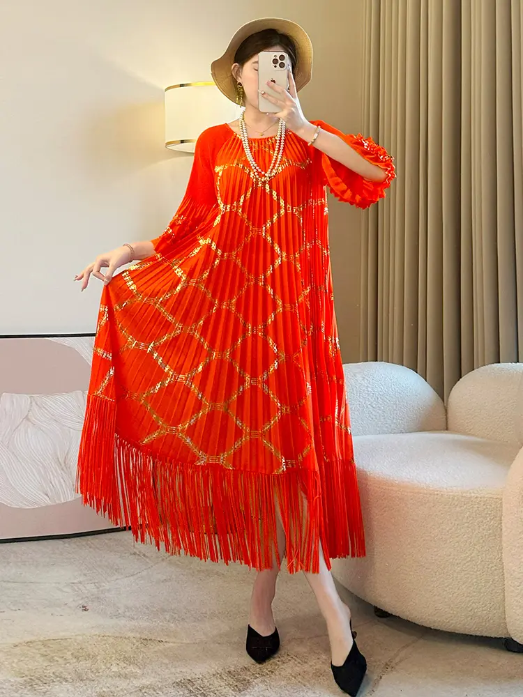 LANMREM Women's Fashion Hot Stamping Pleated Fringe Dress Round Neck Casual Loose Versatile Dresses 2025 Summer New style 2DE449