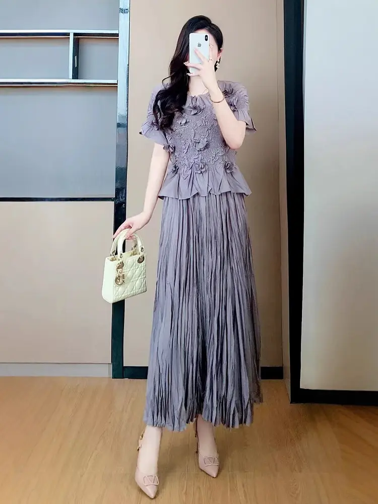 LANMREM Niche Design Pleated Two Pieces Set For Women 2025 New Summer Slim Fit O-neck Pullover Tops And A-line Skirt 2DB2786