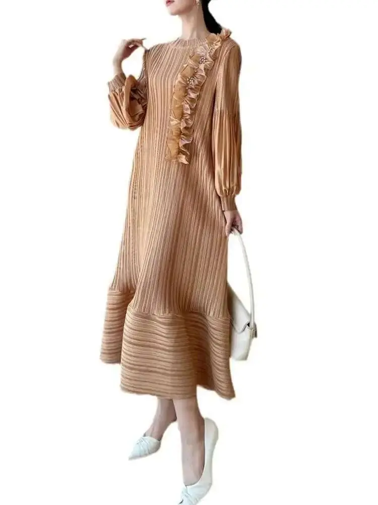 LANMREM Pleated Three-dimensional Embroidered Luxury Dress Lantern Sleeves Ruffle Party Dresses Female Elegant 2025 New 2DB2235