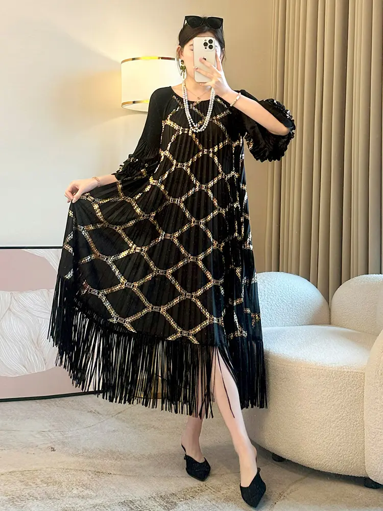 LANMREM Women's Fashion Hot Stamping Pleated Fringe Dress Round Neck Casual Loose Versatile Dresses 2025 Summer New style 2DE449