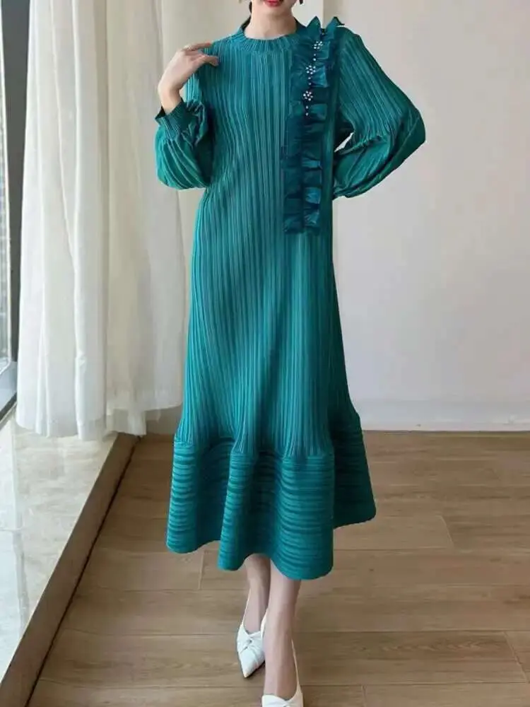 LANMREM Pleated Three-dimensional Embroidered Luxury Dress Lantern Sleeves Ruffle Party Dresses Female Elegant 2025 New 2DB2235