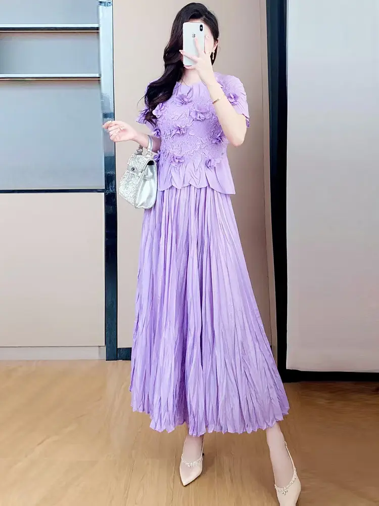LANMREM Niche Design Pleated Two Pieces Set For Women 2025 New Summer Slim Fit O-neck Pullover Tops And A-line Skirt 2DB2786