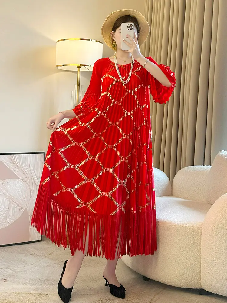 LANMREM Women's Fashion Hot Stamping Pleated Fringe Dress Round Neck Casual Loose Versatile Dresses 2025 Summer New style 2DE449