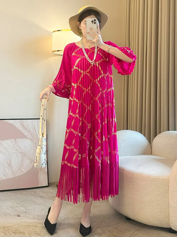 LANMREM Women's Fashion Hot Stamping Pleated Fringe Dress Round Neck Casual Loose Versatile Dresses 2025 Summer New style 2DE449