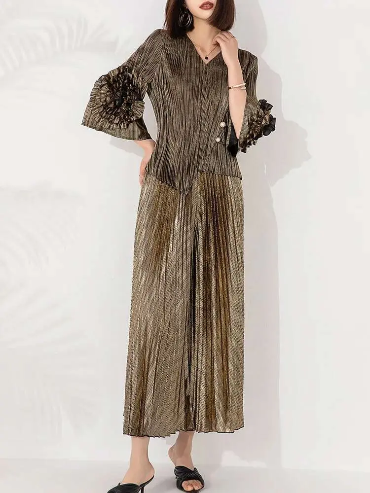 LANMREM 2 Pieces Pants Sets V Neck Ruffles Irregular Shirt With Wide Leg Trousers Luxury Clothing 2025 Spring Autumn New 2DA8005
