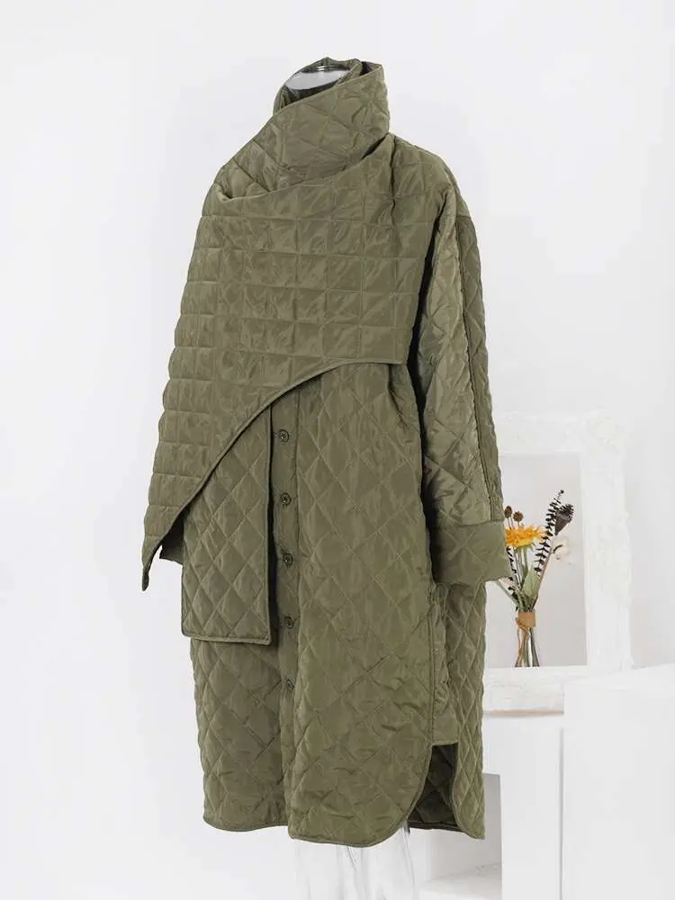 LANMREM Winter Warm Mid Length Cotton Coat Women Scarf Collar Irregular Patchwork Solid Color Clothing Fashion New LN0001