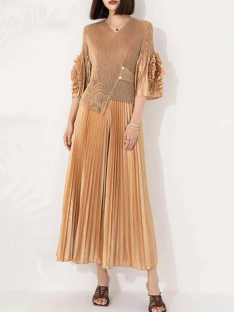 LANMREM 2 Pieces Pants Sets V Neck Ruffles Irregular Shirt With Wide Leg Trousers Luxury Clothing 2025 Spring Autumn New 2DA8005
