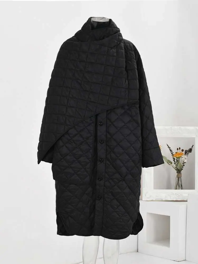 LANMREM Winter Warm Mid Length Cotton Coat Women Scarf Collar Irregular Patchwork Solid Color Clothing Fashion New LN0001