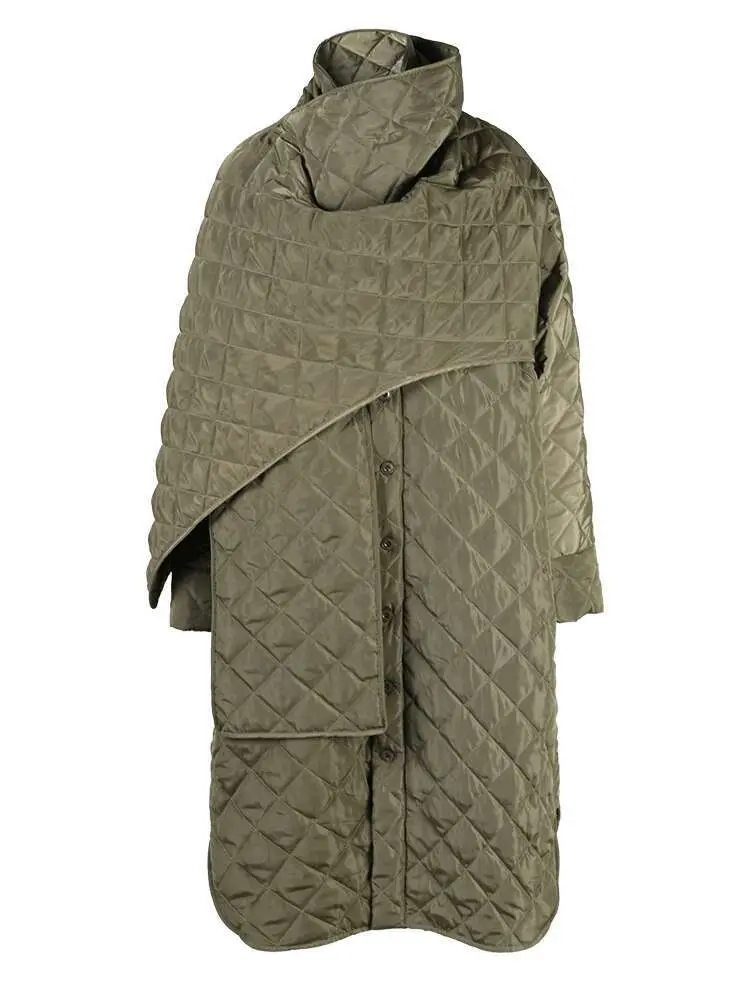 LANMREM Winter Warm Mid Length Cotton Coat Women Scarf Collar Irregular Patchwork Solid Color Clothing Fashion New LN0001