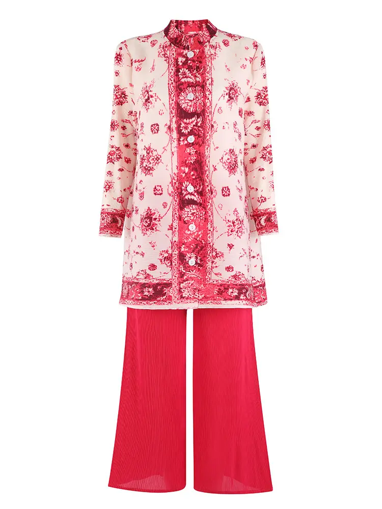 LANMREM Pleated Printting Women's Two Pieces Sets Single Breasted Stand Collar Long Tops And Wide Leg Straight Pants 2DB3410