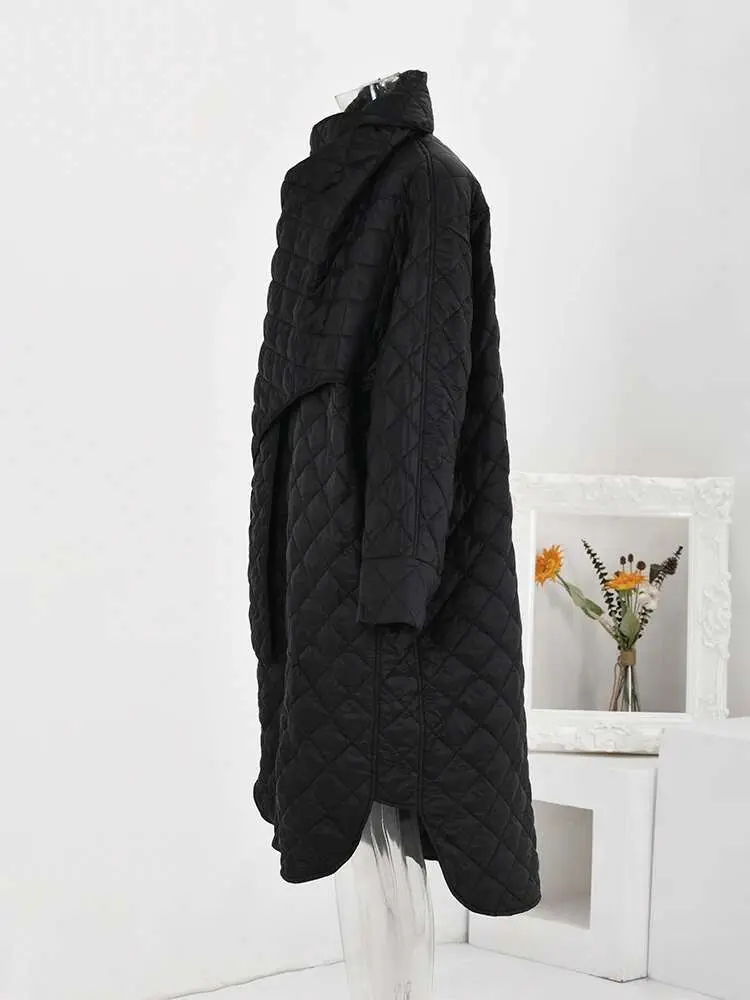 LANMREM Winter Warm Mid Length Cotton Coat Women Scarf Collar Irregular Patchwork Solid Color Clothing Fashion New LN0001