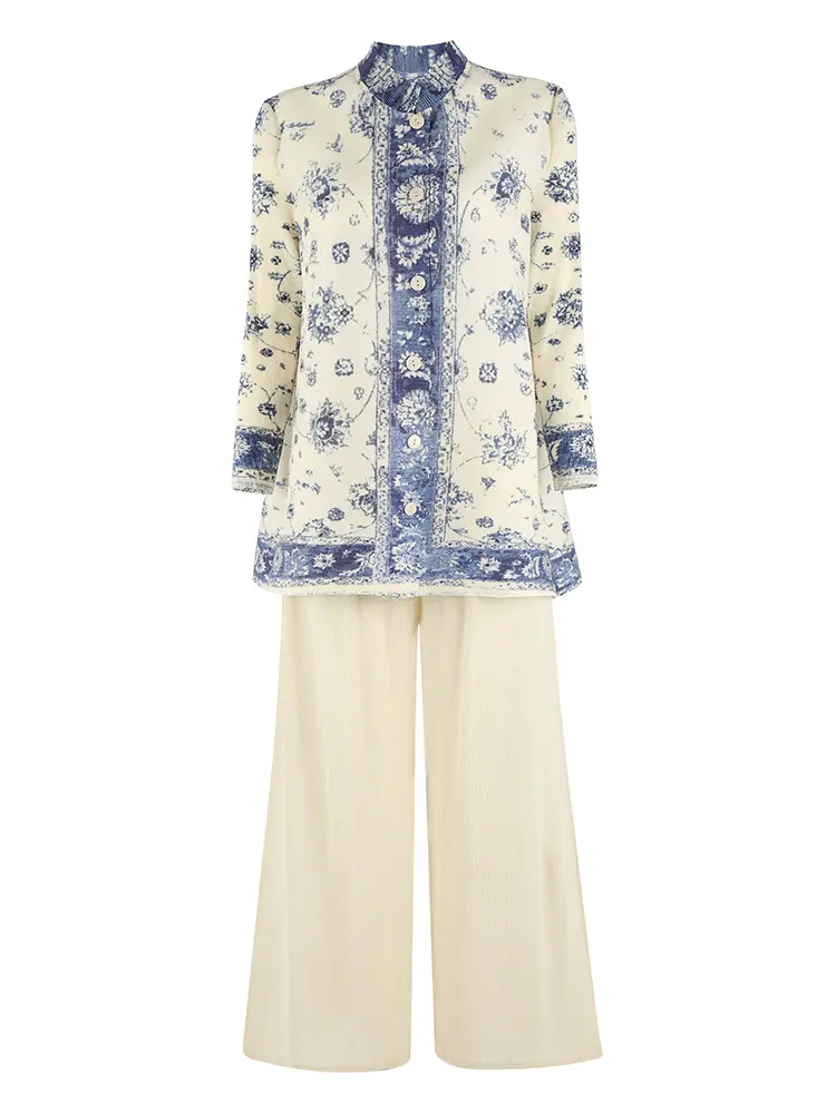 LANMREM Pleated Printting Women's Two Pieces Sets Single Breasted Stand Collar Long Tops And Wide Leg Straight Pants 2DB3410
