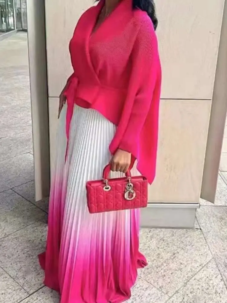 LANMREM Pleated Gradient Two-piece Set For Women Solid Color Irregular Coat With Elastic Waist Skirts 2025 Spring New 2Z2501