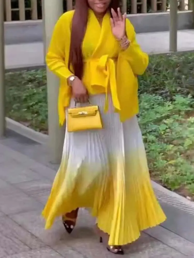 LANMREM Pleated Gradient Two-piece Set For Women Solid Color Irregular Coat With Elastic Waist Skirts 2025 Spring New 2Z2501