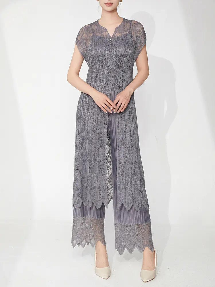 LANMREM Fashion Summer Lace Pleated Set Women's Hollow Out Sleelvess Long Top + Straight Pants Two-piece Set Pants Sets 2DB3088