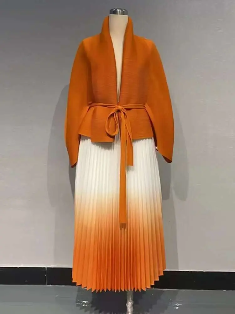 LANMREM Pleated Gradient Two-piece Set For Women Solid Color Irregular Coat With Elastic Waist Skirts 2025 Spring New 2Z2501