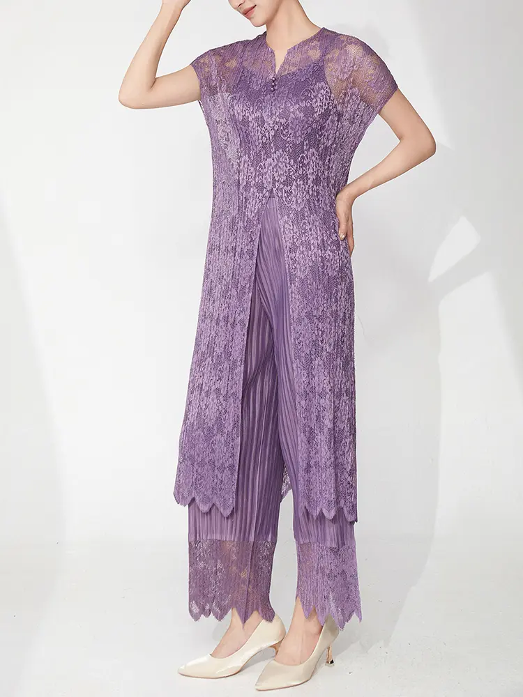 LANMREM Fashion Summer Lace Pleated Set Women's Hollow Out Sleelvess Long Top + Straight Pants Two-piece Set Pants Sets 2DB3088