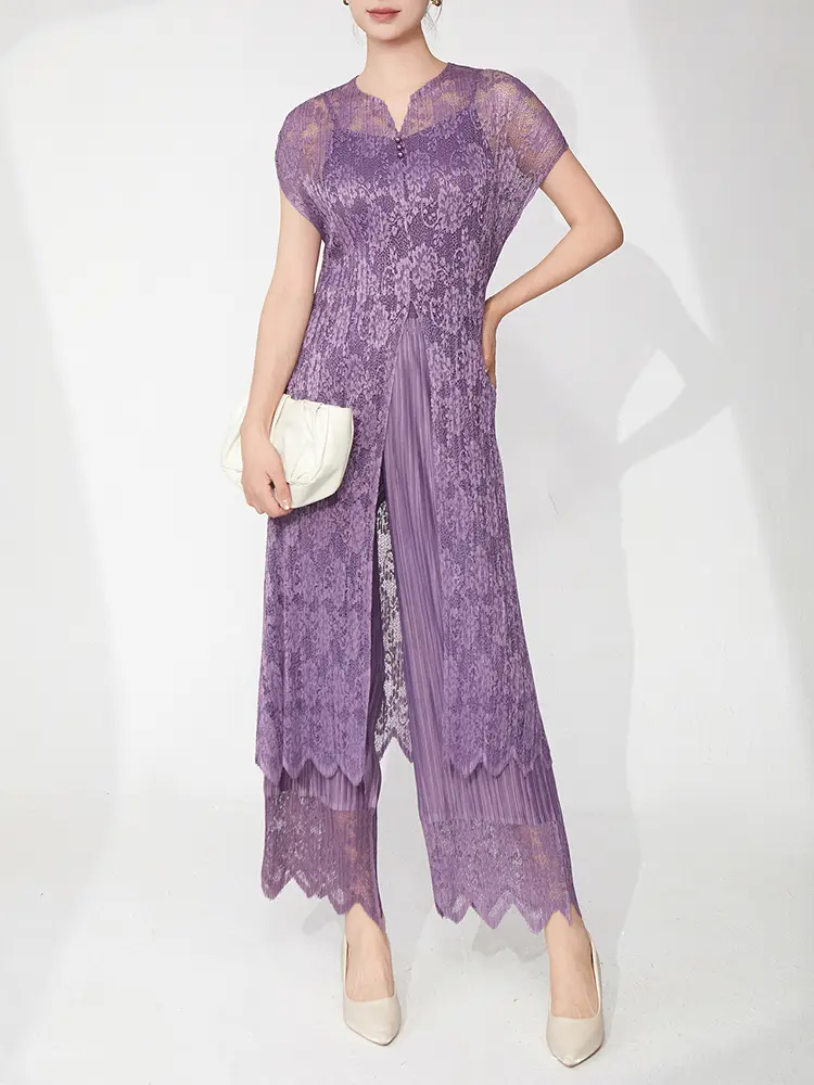 LANMREM Fashion Summer Lace Pleated Set Women's Hollow Out Sleelvess Long Top + Straight Pants Two-piece Set Pants Sets 2DB3088