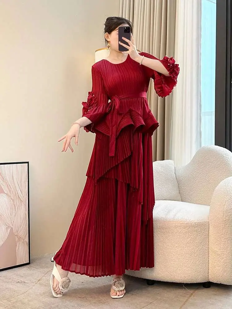 LANMREM Irregular Ruffled Seaming Fashion Pleasted Two Pieces Set For Women O-neck Pullover Tops And Loose A-line Skirt 2DB2552