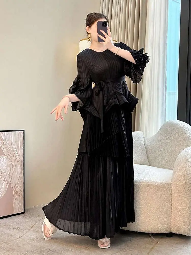 LANMREM Irregular Ruffled Seaming Fashion Pleasted Two Pieces Set For Women O-neck Pullover Tops And Loose A-line Skirt 2DB2552