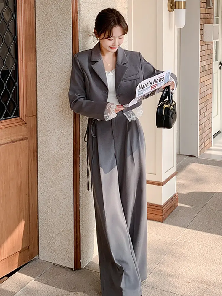 LANMREM Niche Design Blazer Set 2025 New Lace Patchwork Short Suit Jacket And Women's Wide Leg Pants Two-piece Sets 2DB2742