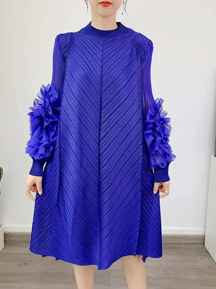 LANMREM Spliced Embroid Pleated Dress For Women Round Neck Long Sleeves Loose A-line Dresses Female Clothes 2024 Spring 2YA1024