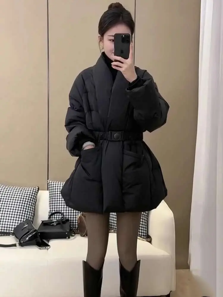 LANMREM Cotton Padded Coat With Belt Long Sleeves Big Size Solid Warm Jacket 2024 Winter New Female Fashion Streetwear 2Z288516