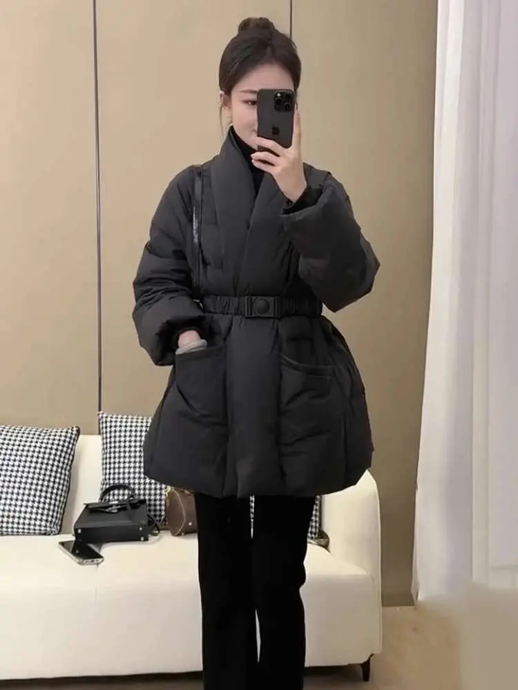 LANMREM Cotton Padded Coat With Belt Long Sleeves Big Size Solid Warm Jacket 2024 Winter New Female Fashion Streetwear 2Z288516