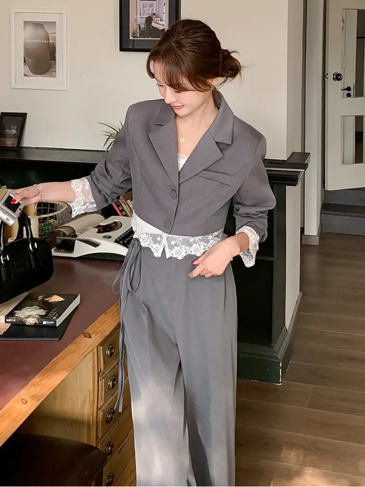LANMREM Niche Design Blazer Set 2025 New Lace Patchwork Short Suit Jacket And Women's Wide Leg Pants Two-piece Sets 2DB2742