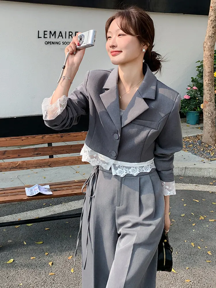 LANMREM Niche Design Blazer Set 2025 New Lace Patchwork Short Suit Jacket And Women's Wide Leg Pants Two-piece Sets 2DB2742