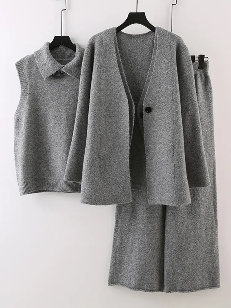 LANMREM 3 Pieces Knitted Sets Women Lapel Pullover Vest + V Neck Irregular Cardigan+loose Trousers Feamle Casual Clothes 2DB1394