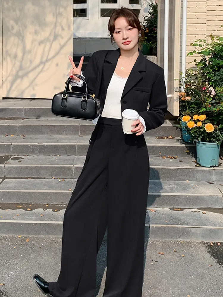 LANMREM Niche Design Blazer Set 2025 New Lace Patchwork Short Suit Jacket And Women's Wide Leg Pants Two-piece Sets 2DB2742