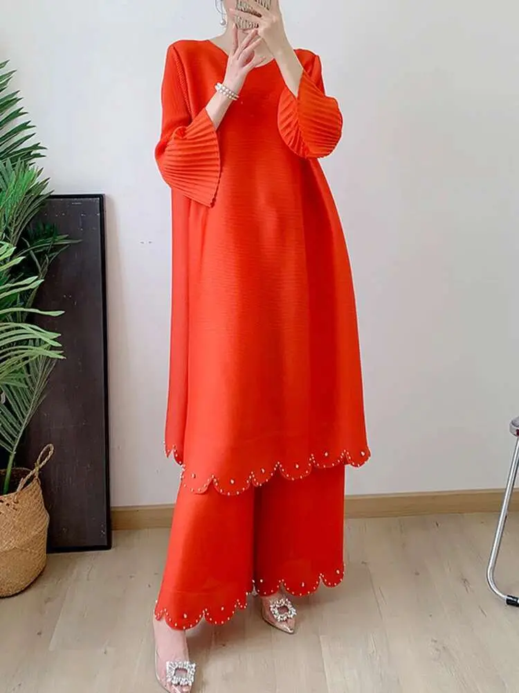 LANMREM Solid Pleated 2 Pieces Set For Women Round Neck Flare Sleeves Tops Elastic High Waist Wide Leg Pants Autumn Sets 2AA1071
