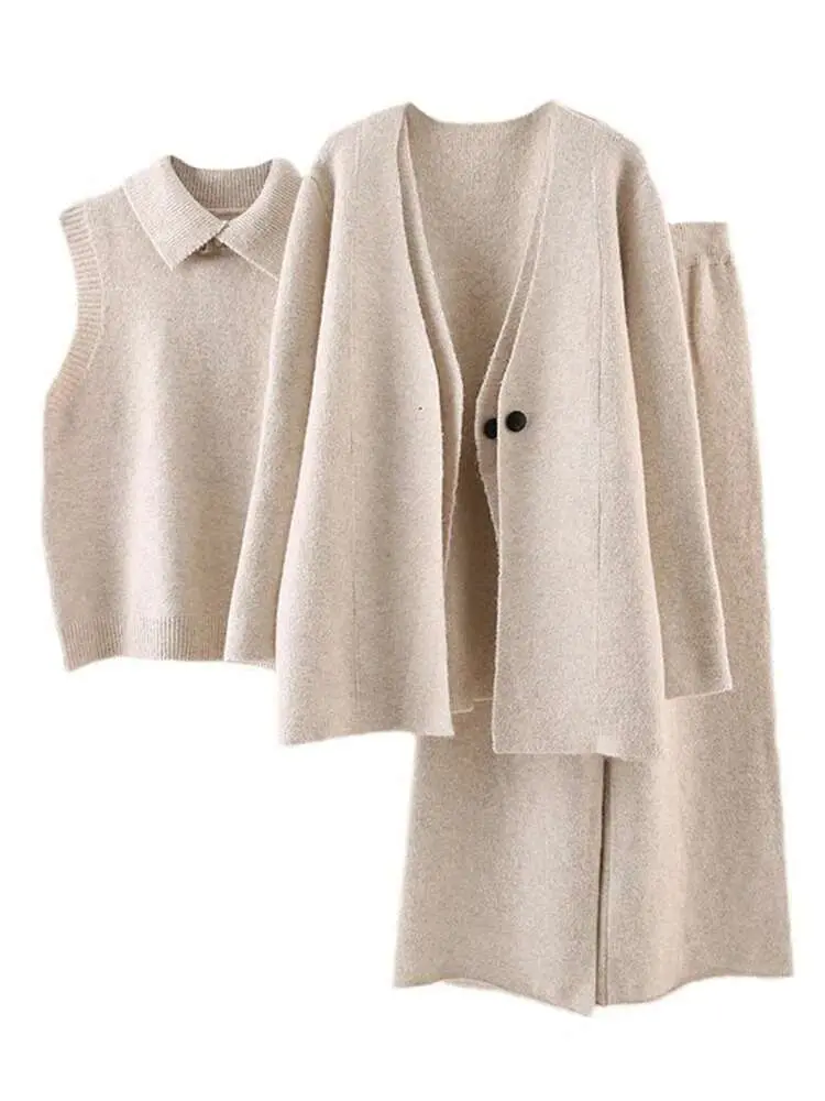 LANMREM 3 Pieces Knitted Sets Women Lapel Pullover Vest + V Neck Irregular Cardigan+loose Trousers Feamle Casual Clothes 2DB1394