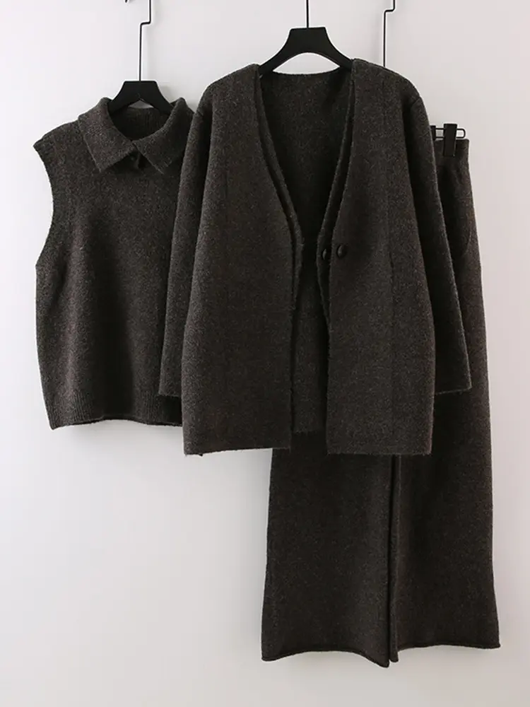 LANMREM 3 Pieces Knitted Sets Women Lapel Pullover Vest + V Neck Irregular Cardigan+loose Trousers Feamle Casual Clothes 2DB1394