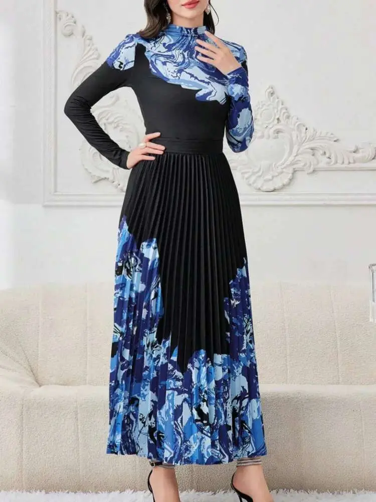 LANMREM 2 Pieces Sets For Women Printing Slim Long Sleeves Pleated T Shirt With A Line Color Block Skirt New Fashion 15KB5169