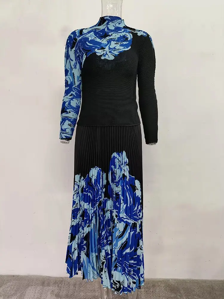 LANMREM 2 Pieces Sets For Women Printing Slim Long Sleeves Pleated T Shirt With A Line Color Block Skirt New Fashion 15KB5169
