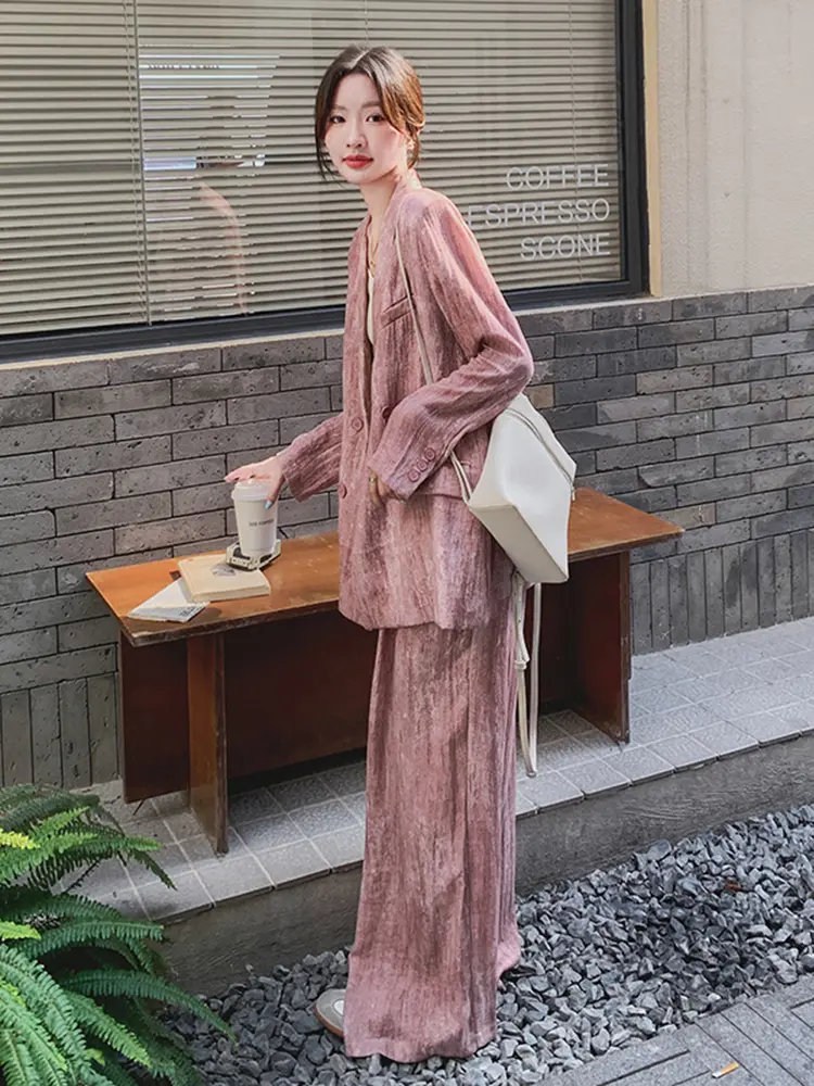 LANMREM  Korean Dyeing Suit Set Women's Loose Causual Double Breasted Blazer And Wide Leg Straight Pants Two Pieces Set  2DB2473