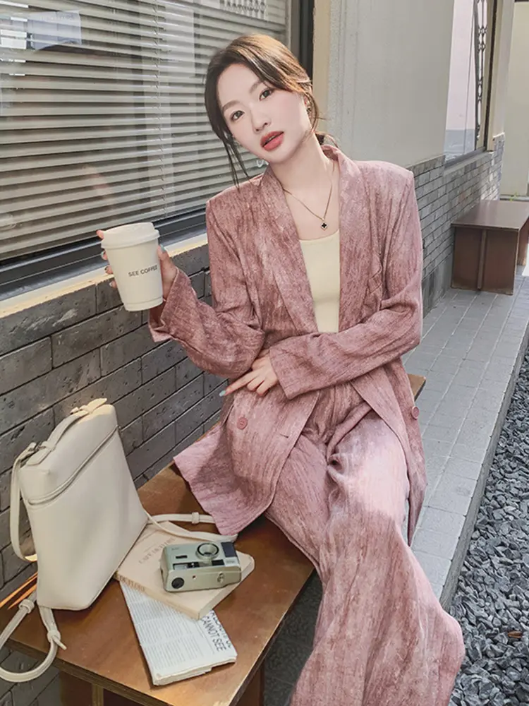 LANMREM  Korean Dyeing Suit Set Women's Loose Causual Double Breasted Blazer And Wide Leg Straight Pants Two Pieces Set  2DB2473