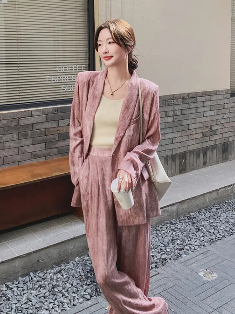 LANMREM  Korean Dyeing Suit Set Women's Loose Causual Double Breasted Blazer And Wide Leg Straight Pants Two Pieces Set  2DB2473