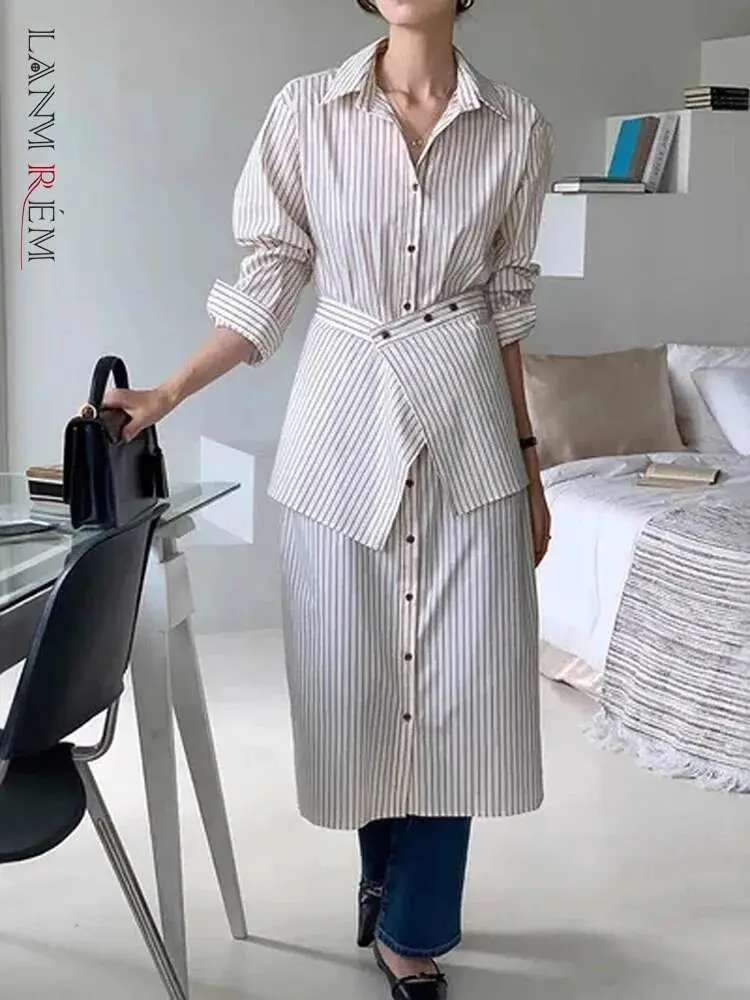 LANMREM Office Lady Striped 2 Pieces Set For Women Lapel Long Sleeves Single Breasted Dress + Apron 2025 New Fashion 2DC1389