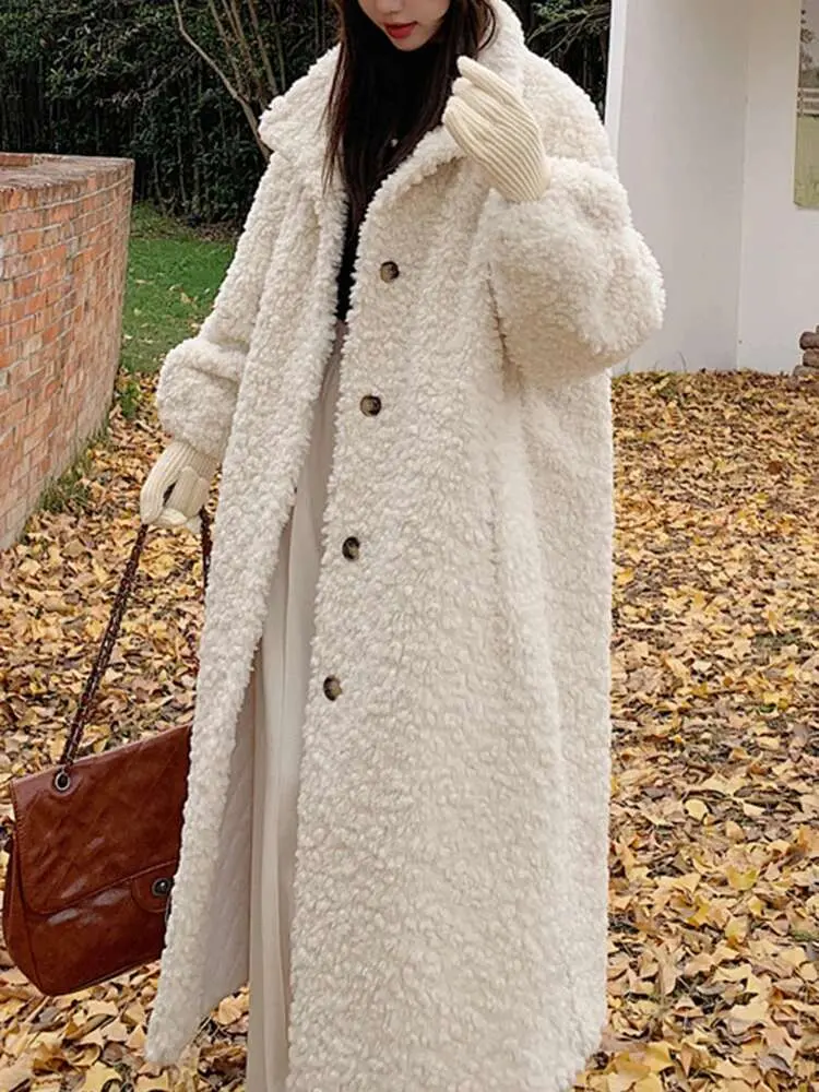 LANMREM Winter Lamb Fur Long Warm Coat For Women Stand Collar Solid Color Single Breasted Loose Fit Clothing 2025 New 2VV234