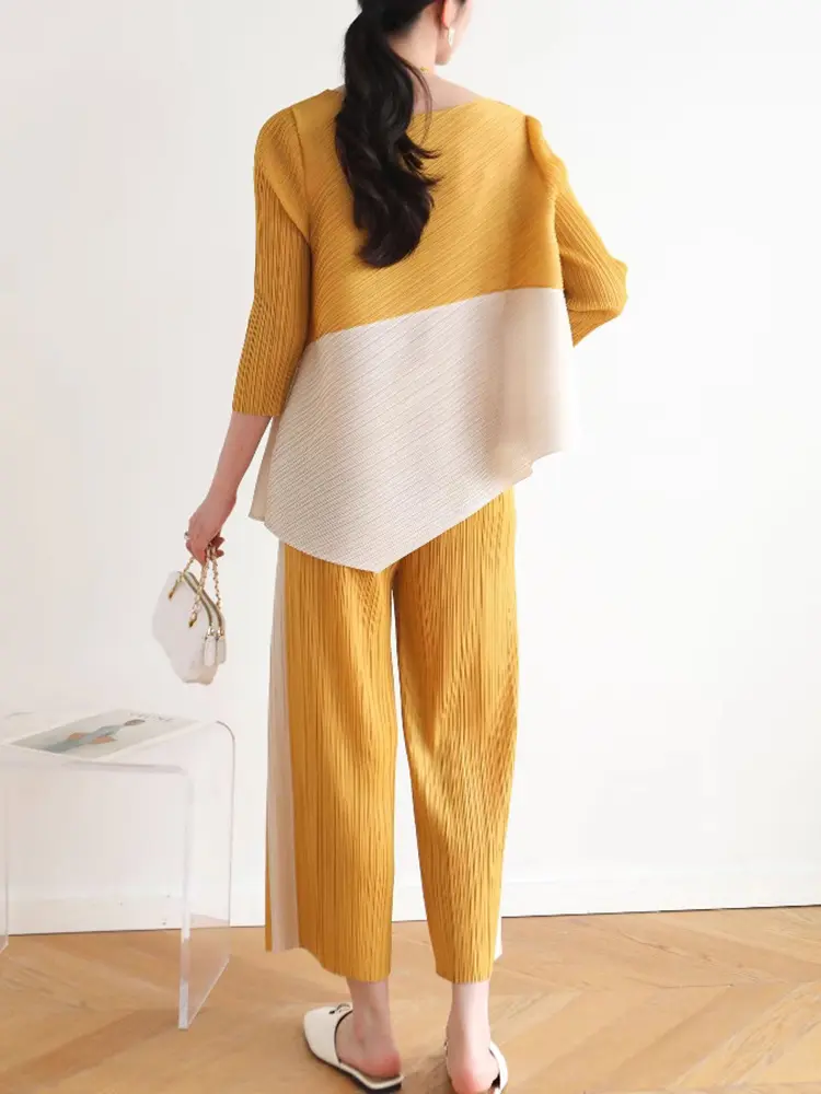 LANMREM Colorblock Spliced Pleasted Two Pieces Set For Women O-neck Irregular Tops And Elastic Waist Ankle-length Pants 2DB2946