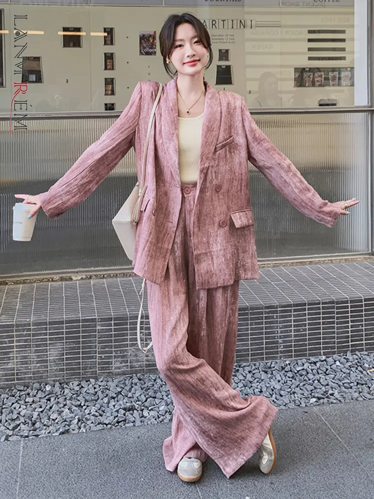 LANMREM  Korean Dyeing Suit Set Women's Loose Causual Double Breasted Blazer And Wide Leg Straight Pants Two Pieces Set  2DB2473