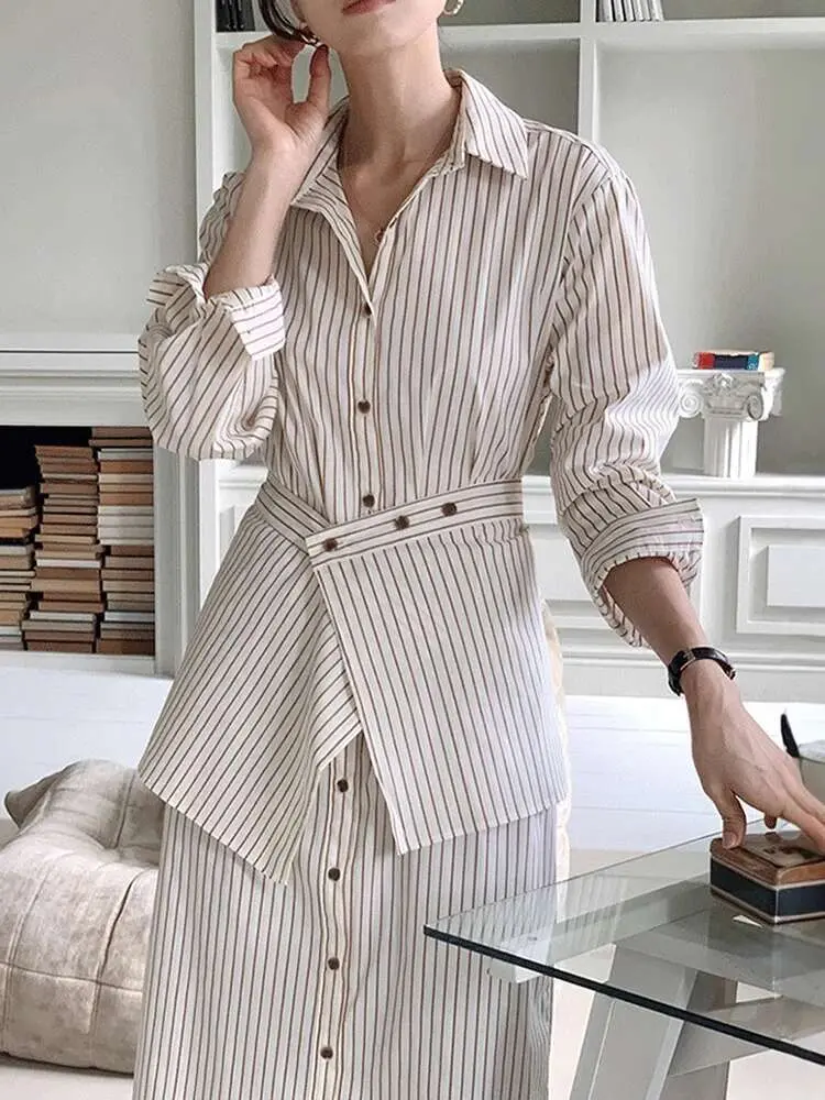 LANMREM Office Lady Striped 2 Pieces Set For Women Lapel Long Sleeves Single Breasted Dress + Apron 2025 New Fashion 2DC1389