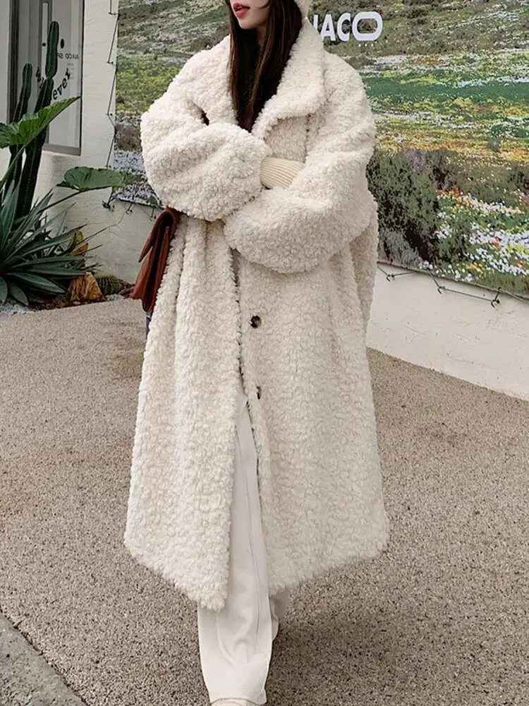 LANMREM Winter Lamb Fur Long Warm Coat For Women Stand Collar Solid Color Single Breasted Loose Fit Clothing 2025 New 2VV234