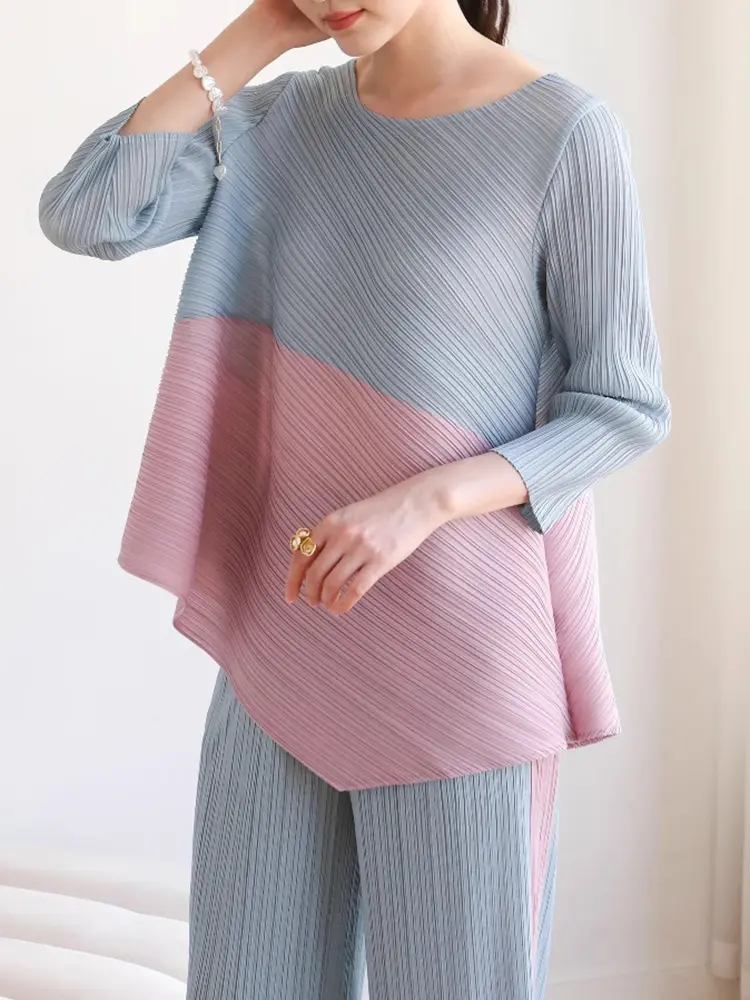 LANMREM Colorblock Spliced Pleasted Two Pieces Set For Women O-neck Irregular Tops And Elastic Waist Ankle-length Pants 2DB2946